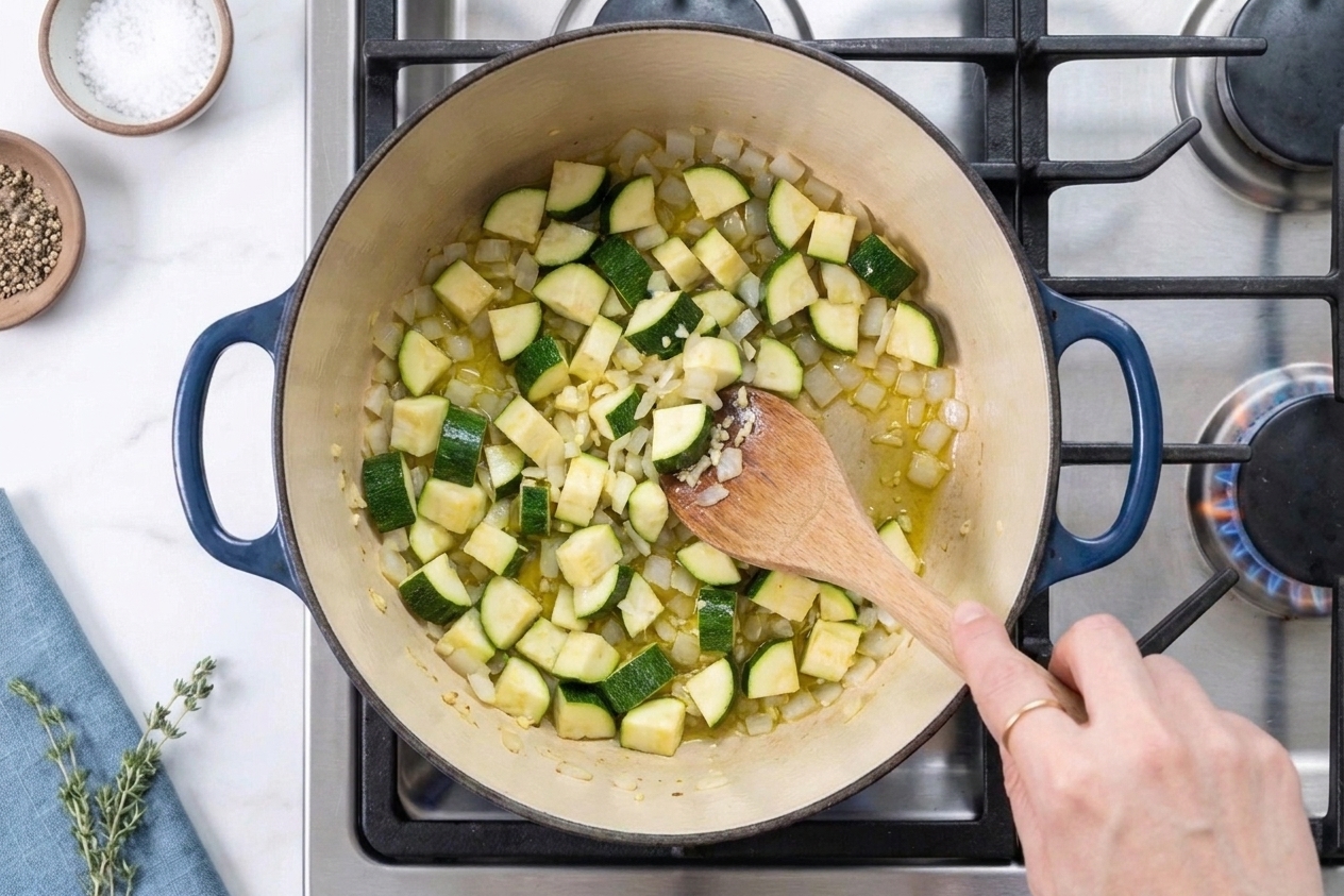 Chopped zucchini being stirred with a wooden spoon in a Dutch oven as it softens on the stove