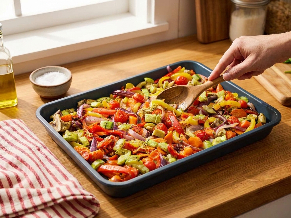 Chopped zucchini, bell pepper, mushrooms, and onion spread on a rimmed sheet pan with olive oil and seasoning before roasting