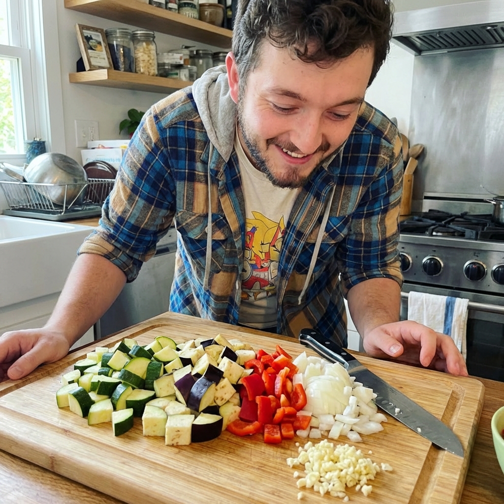 Chopped zucchini, eggplant, bell pepper, onion, and garlic on a wooden cutting board with a chef's knife