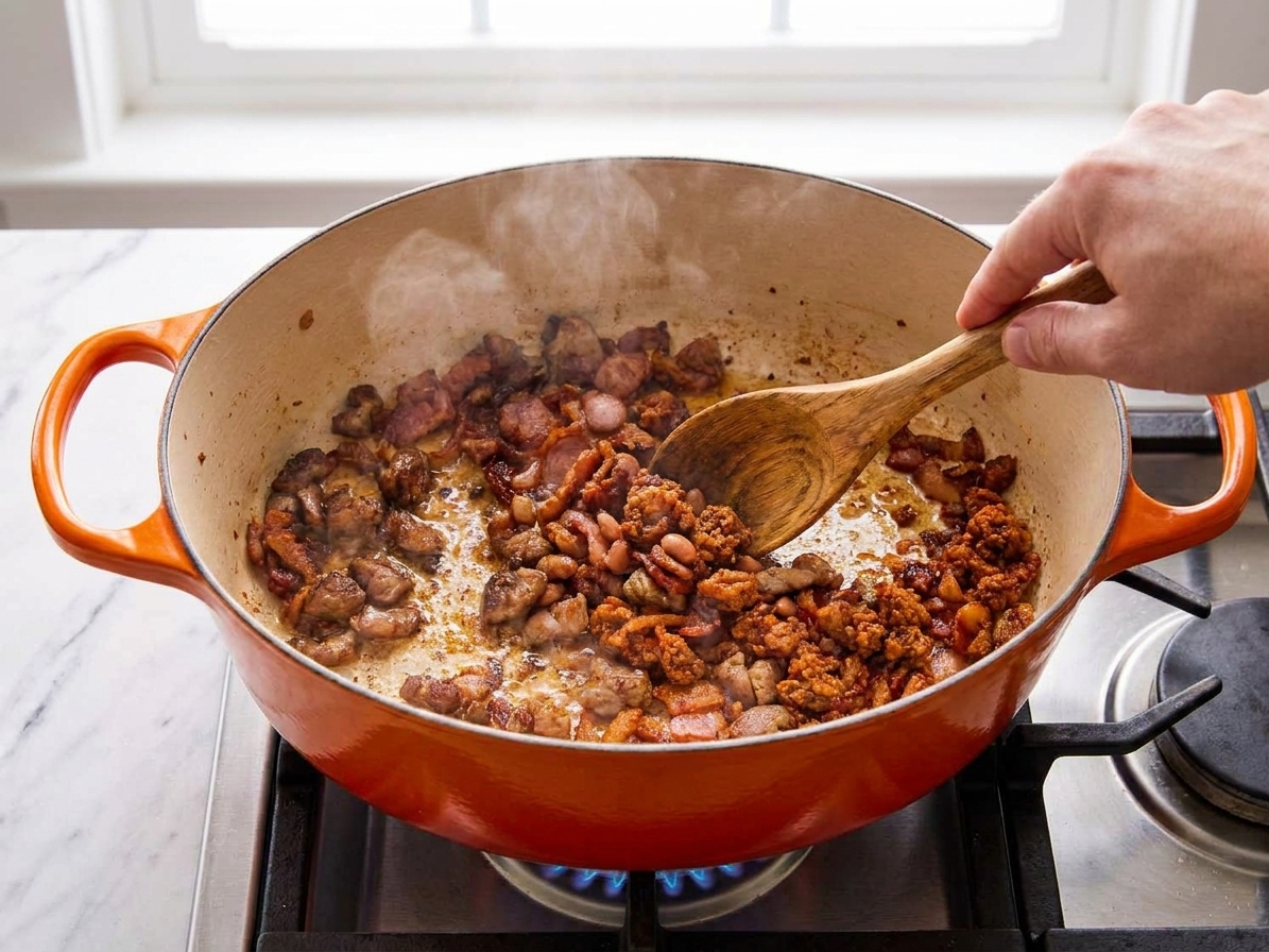 Chorizo and bacon mixture sizzling in a Dutch oven as it browns, with a wooden spoon stirring