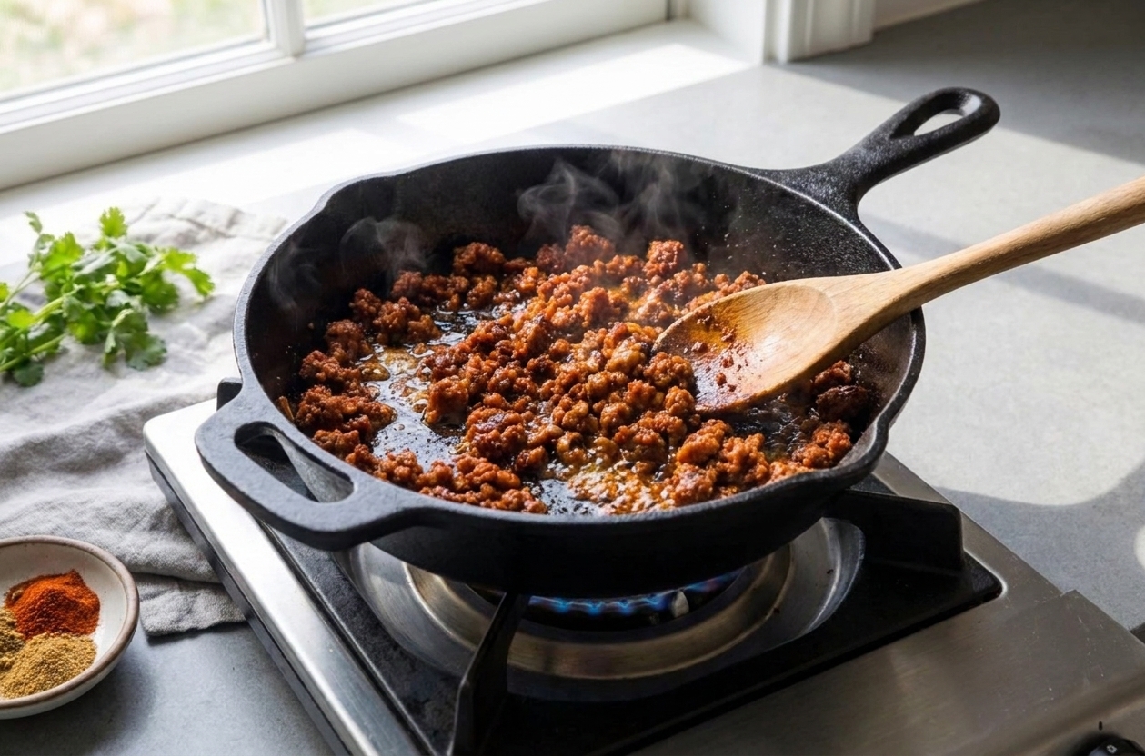 Chorizo browning in a skillet on the stove with a wooden spoon stirring, bits caramelized and crumbly