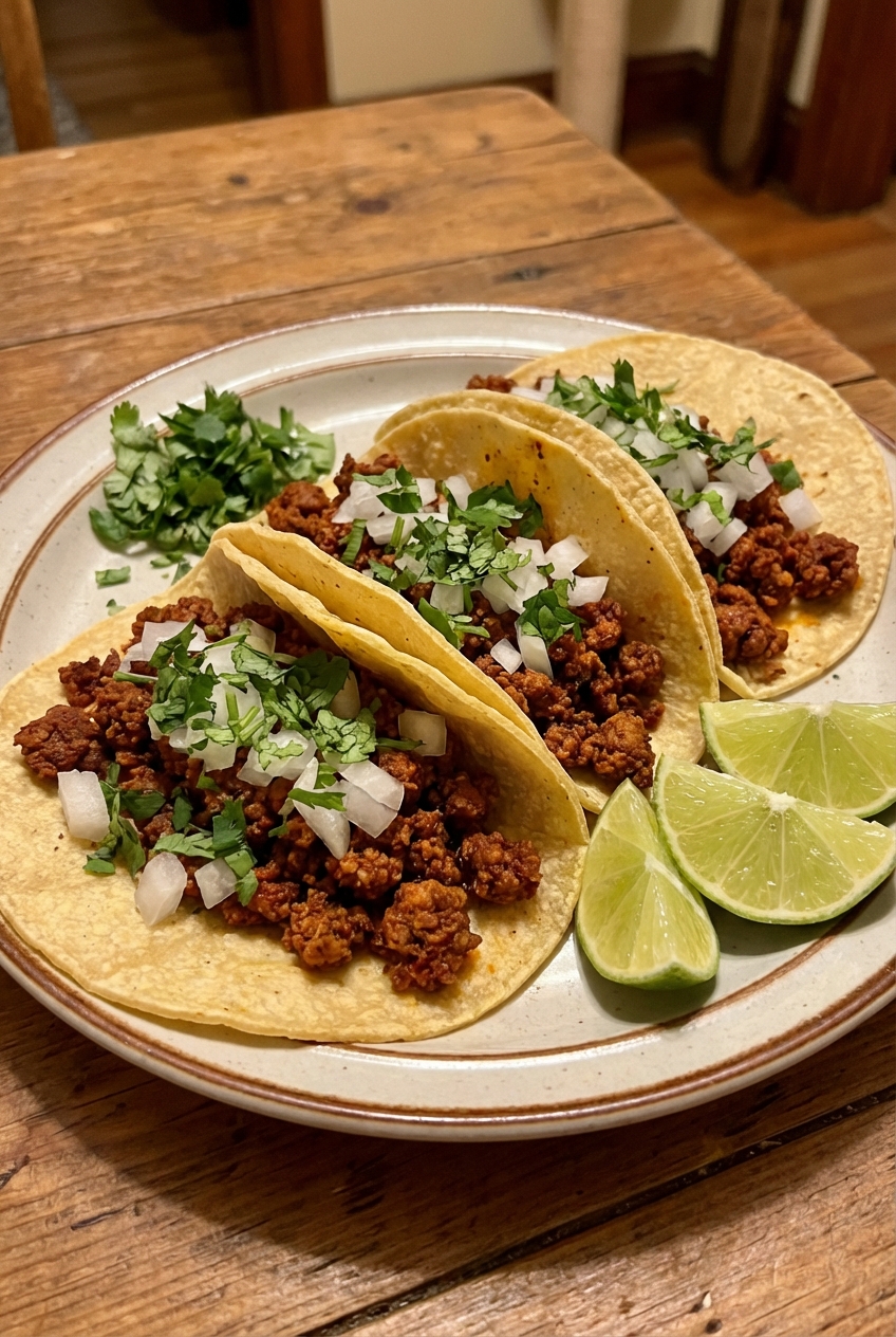 Chorizo tacos on a plate with diced onion, cilantro, and lime wedges