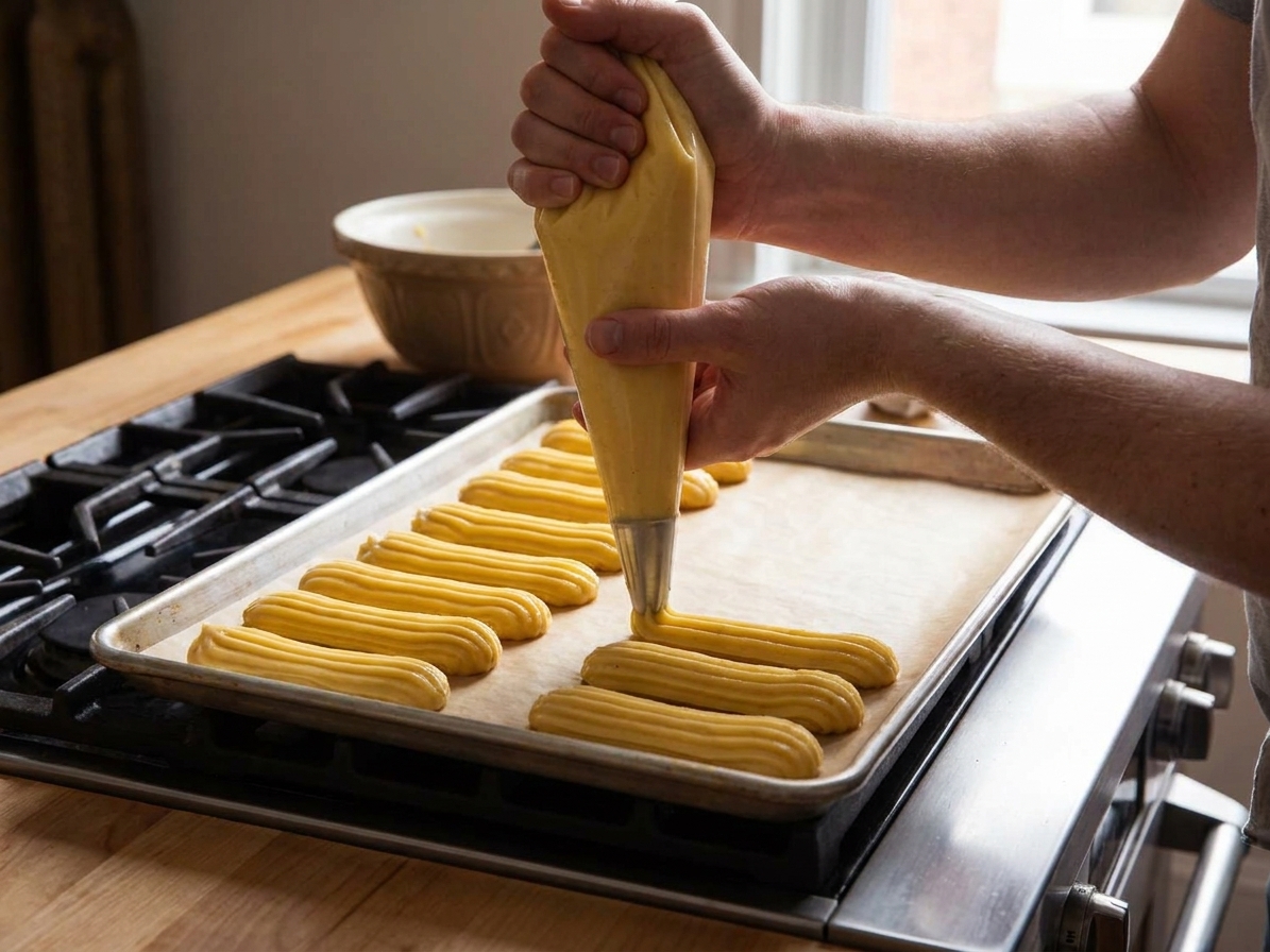 Choux dough being piped into long eclair shapes on a parchment-lined baking sheet on a kitchen counter