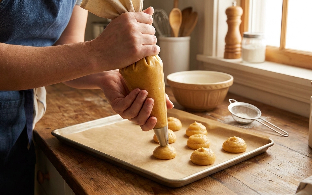 Choux pastry being piped into round mounds from a pastry bag onto a parchment-lined baking sheet on a home kitchen counter