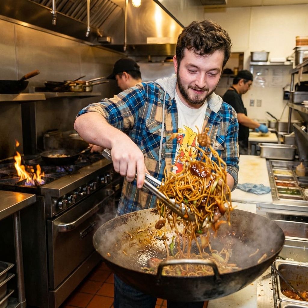 Chow mein being tossed in a hot wok with tongs as the sauce turns glossy