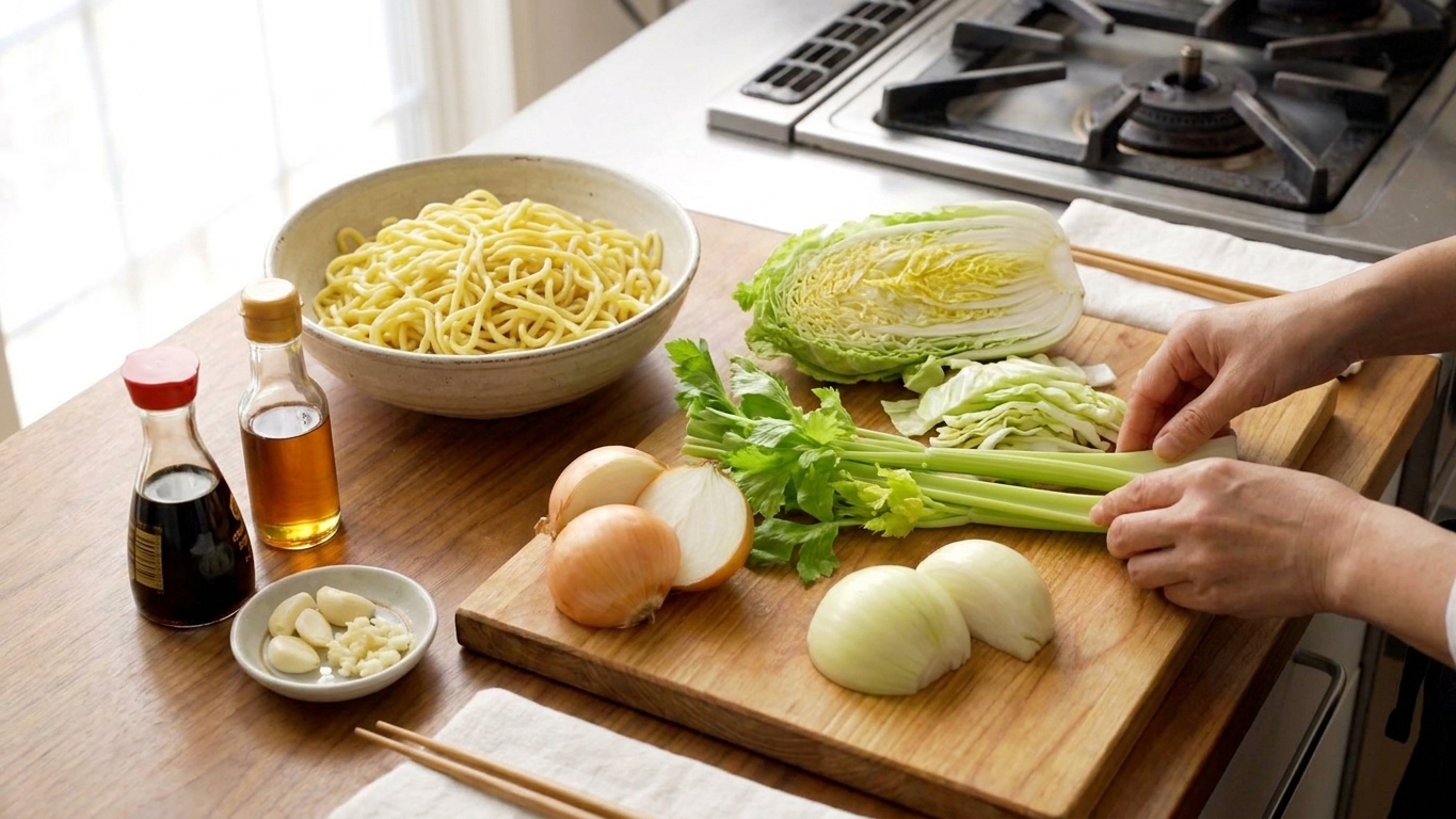 Chow mein ingredients arranged on a kitchen counter including noodles, cabbage, celery, onions, soy sauce, garlic, and sesame oil