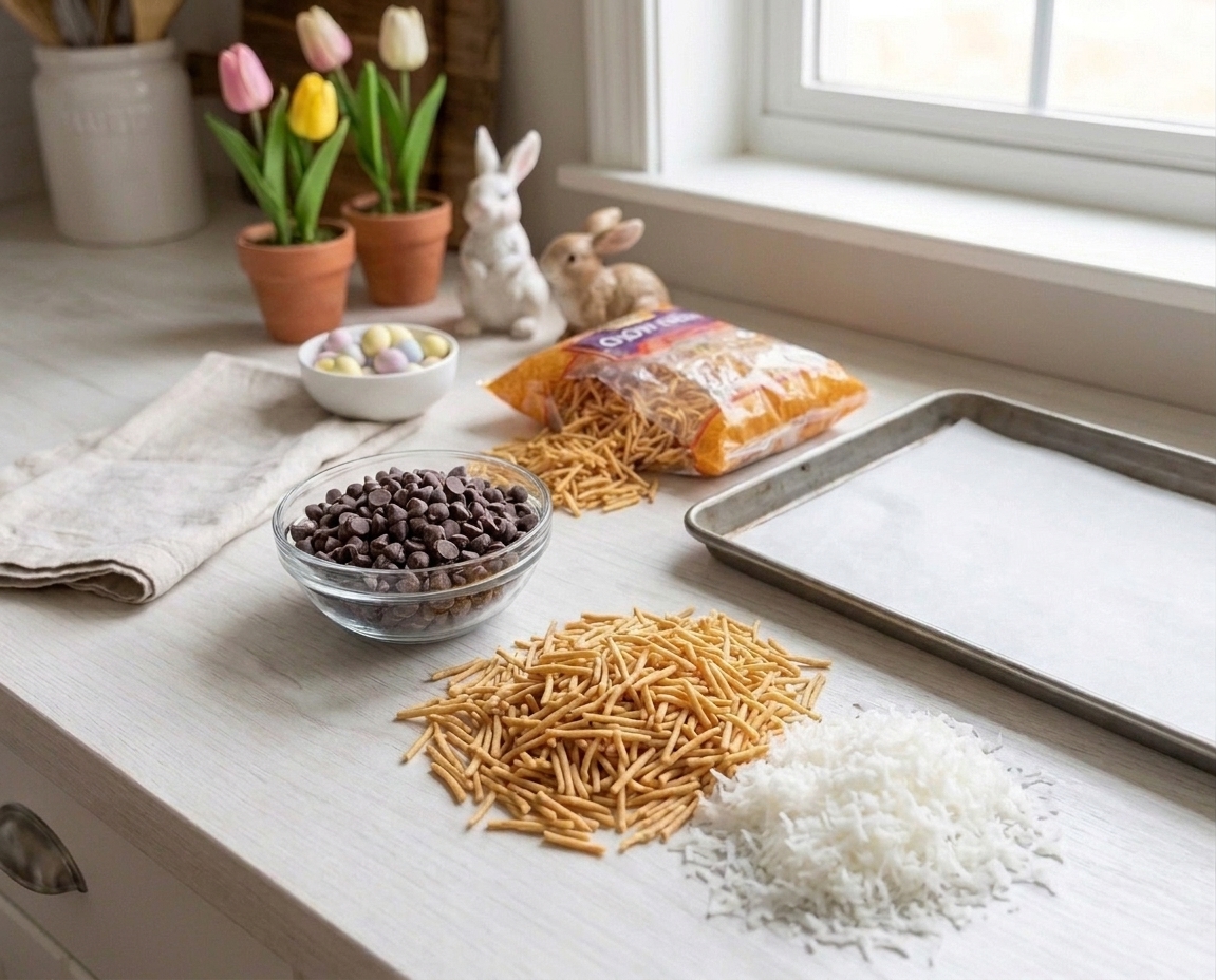 Chow mein noodles and shredded coconut measured out beside chocolate chips on a kitchen counter with a parchment-lined baking sheet