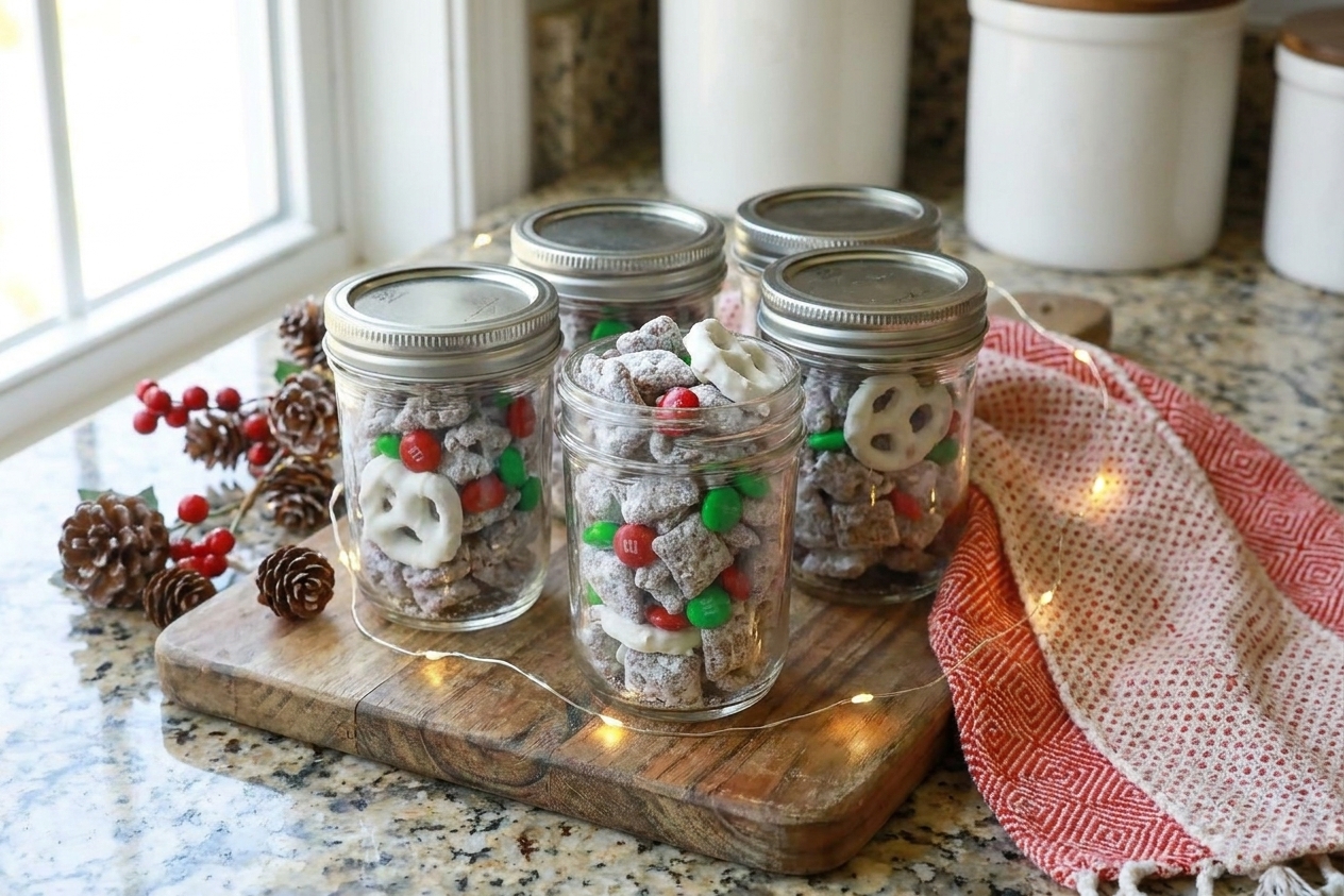 Christmas puppy chow portioned into small glass jars with lids, sitting on a wooden table with simple holiday decor
