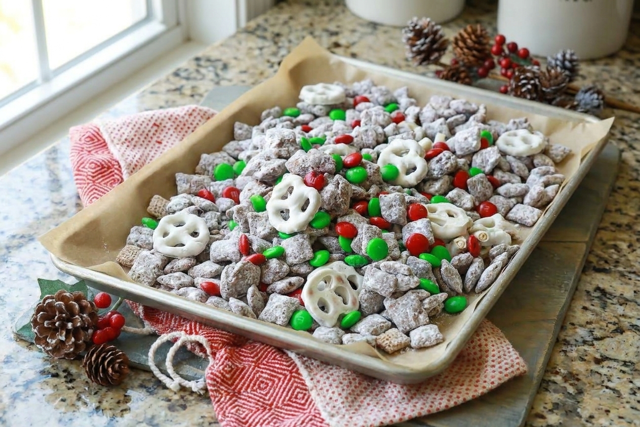 Christmas puppy chow spread in an even layer on a parchment-lined sheet pan cooling on a kitchen counter