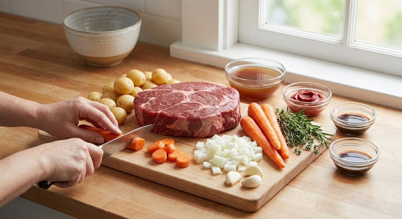 Chuck roast, baby potatoes, carrots, onions, garlic, broth, tomato paste, Worcestershire sauce, and herbs arranged on a kitchen counter