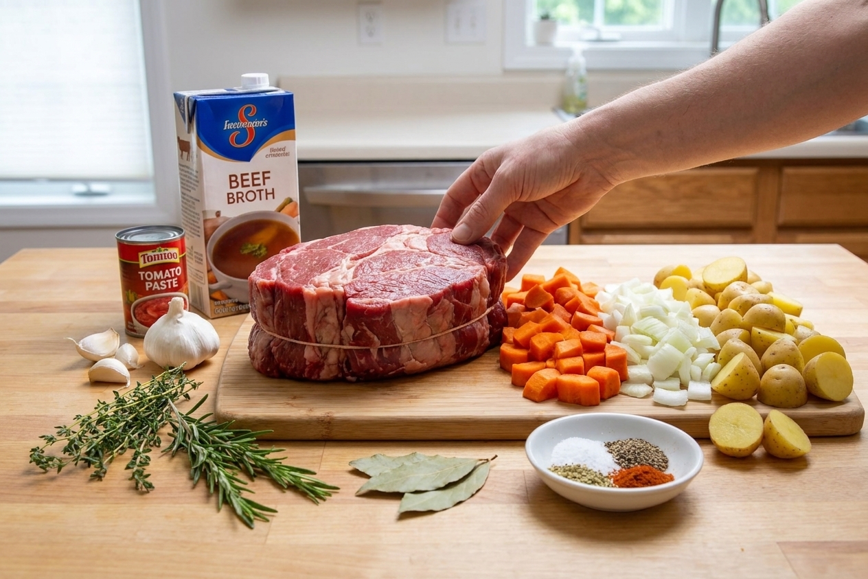Chuck roast, carrots, yellow onions, baby potatoes, garlic, beef broth, tomato paste, and seasonings arranged on a bright kitchen counter
