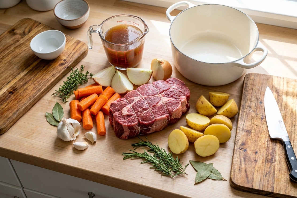 Chuck roast, carrots, yellow onions, potatoes, garlic, herbs, and broth arranged on a light kitchen counter with a Dutch oven nearby
