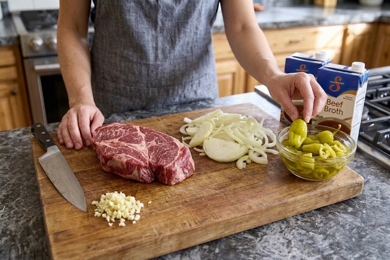 Chuck roast on a cutting board next to sliced onions, minced garlic, a bowl of pepperoncini, and cartons of beef broth on a home kitchen counter