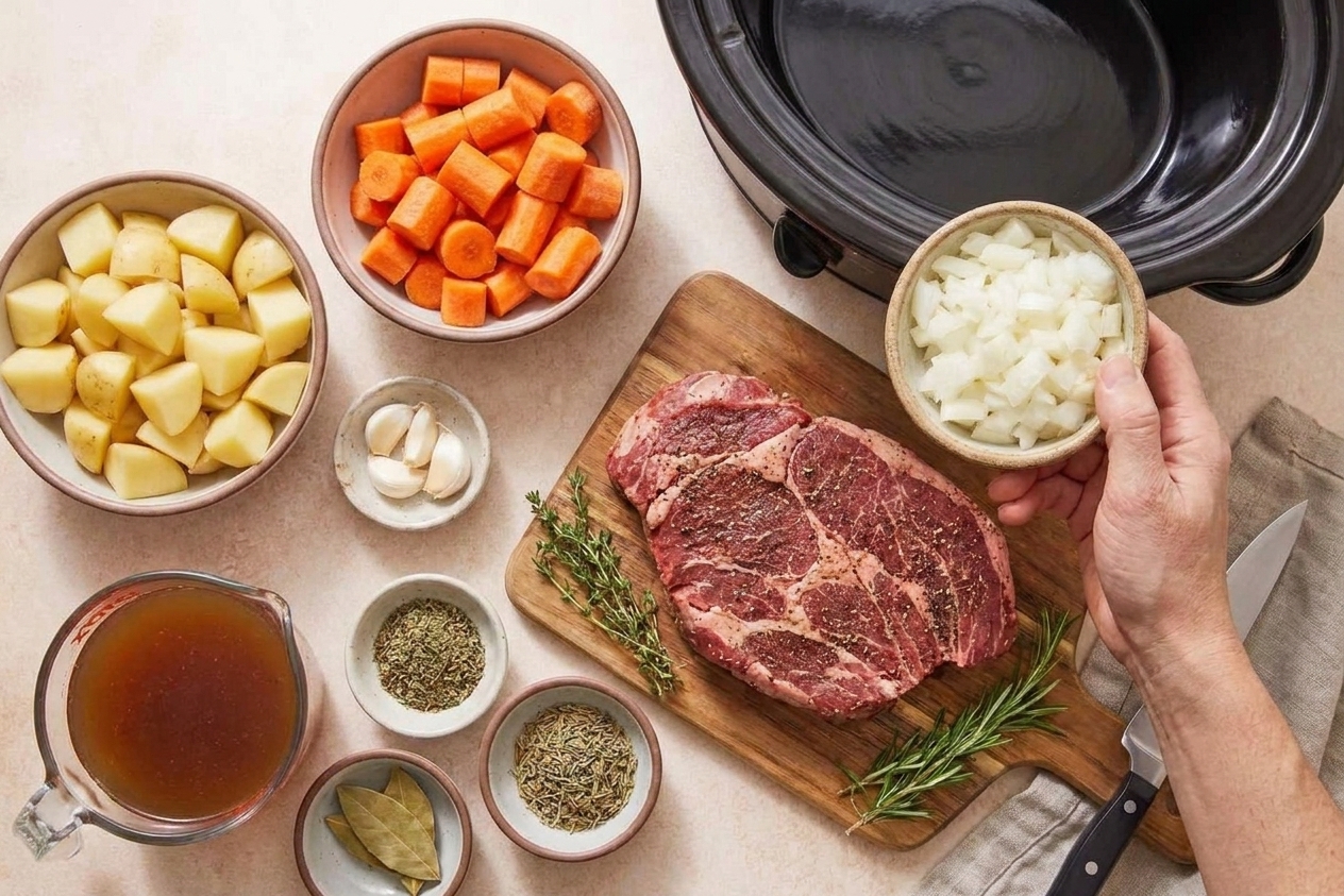 Chuck roast with carrots, potatoes, onion, broth, and seasonings ready to cook