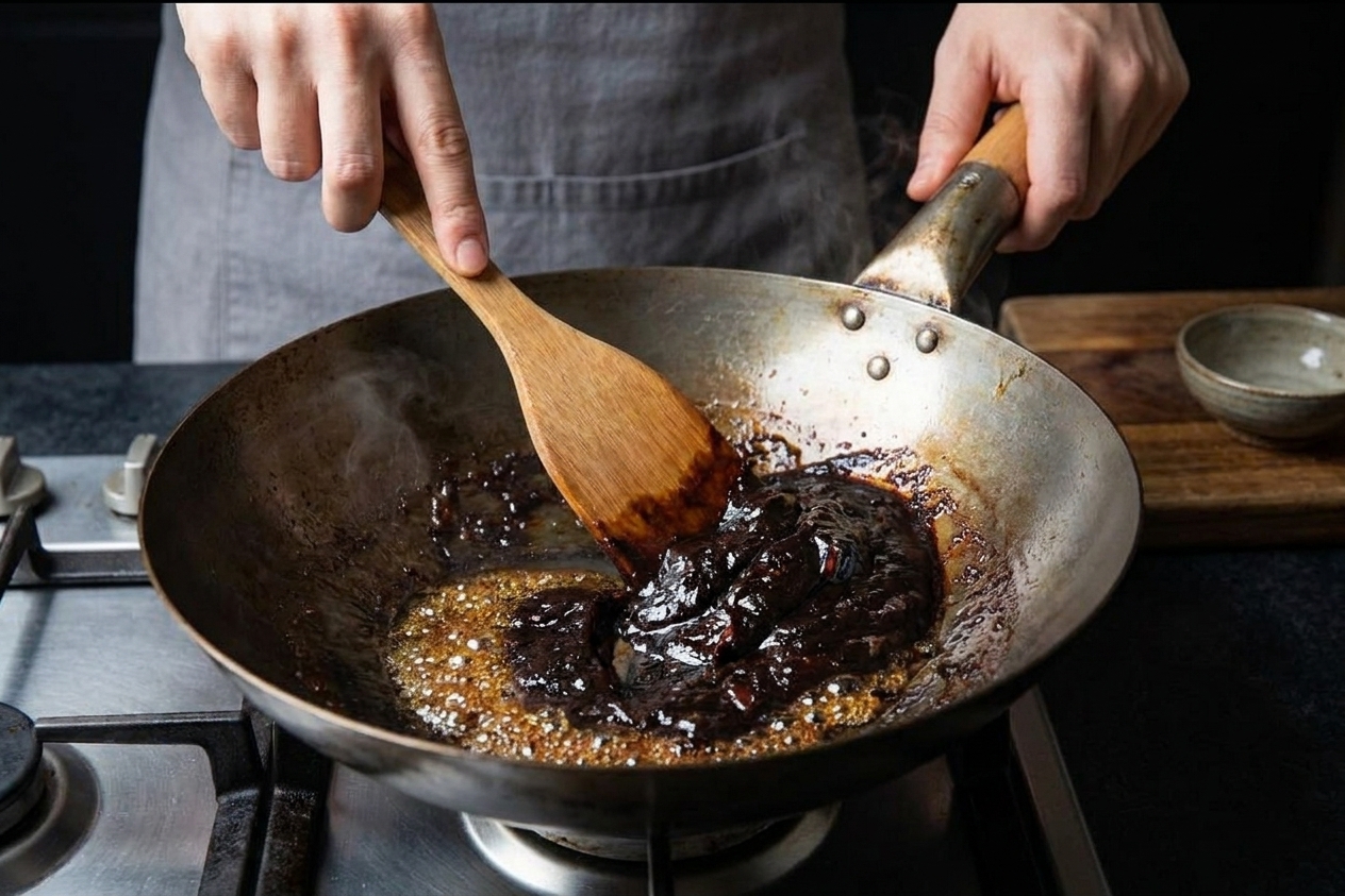 Chunjang black bean paste being stirred in hot oil until glossy