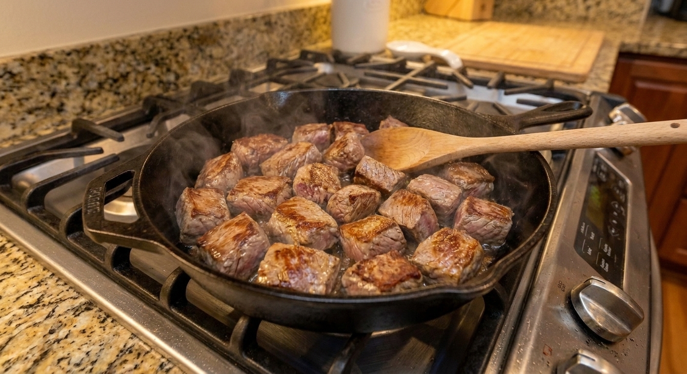 Chunks of beef browning in a cast iron skillet with golden edges on a stovetop, with a wooden spoon nearby
