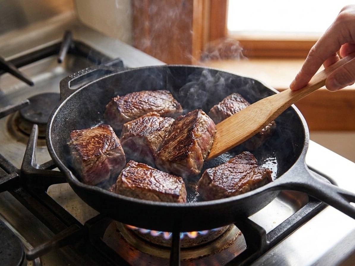 Chunks of beef chuck roast searing in a hot skillet with browned edges forming