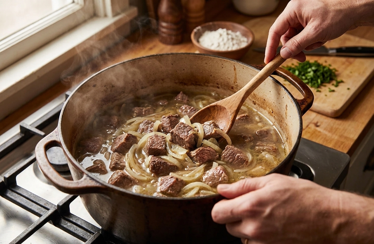 Chunks of beef simmering in a pot with sliced onions and clear broth on a stovetop