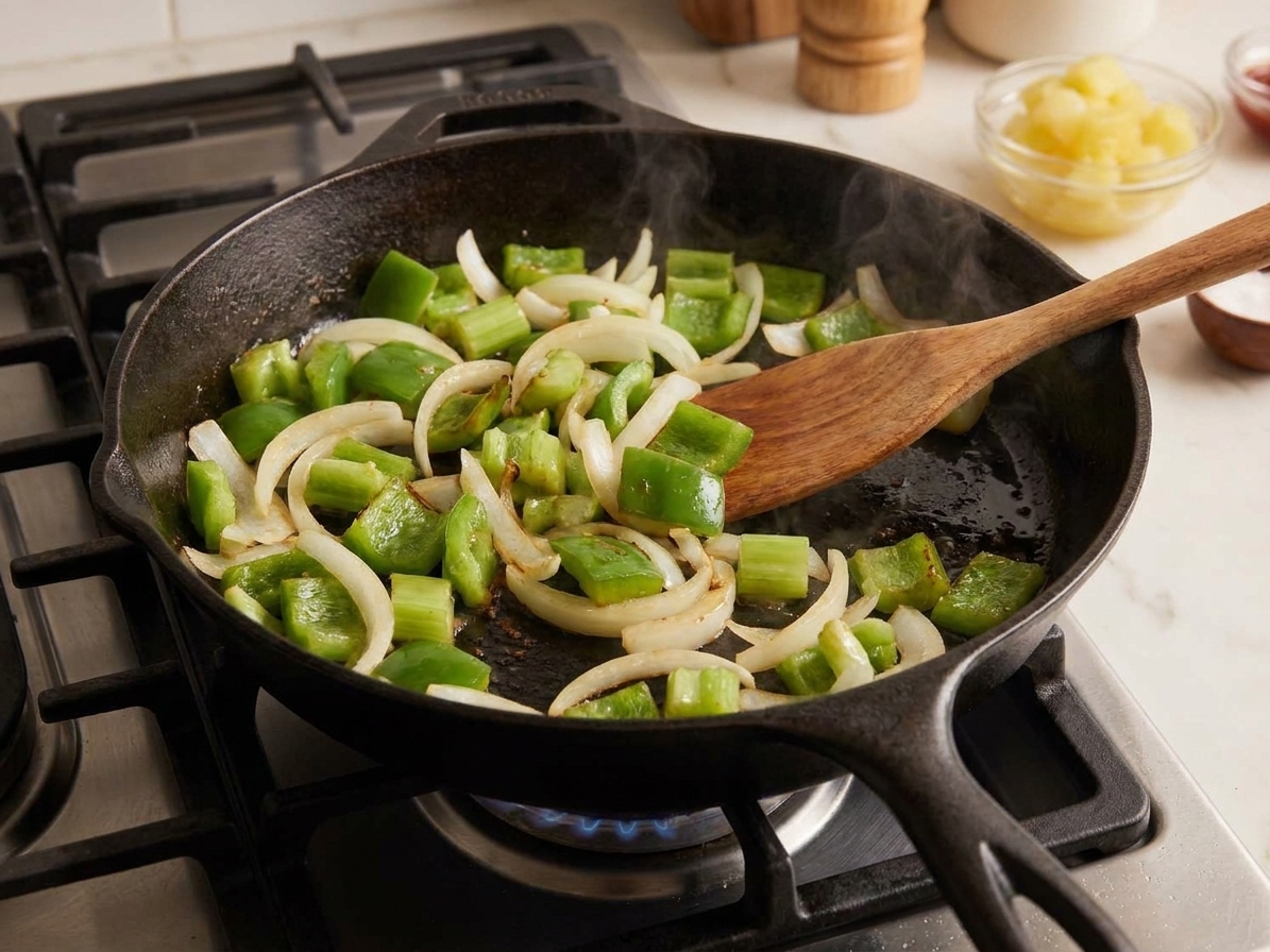 Chunks of bell pepper and onion sautéing in a skillet on a stove with a wooden spatula stirring