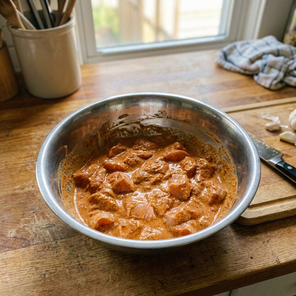 Chunks of chicken coated in thick spiced yogurt marinade inside a metal mixing bowl on a kitchen counter, real photo style