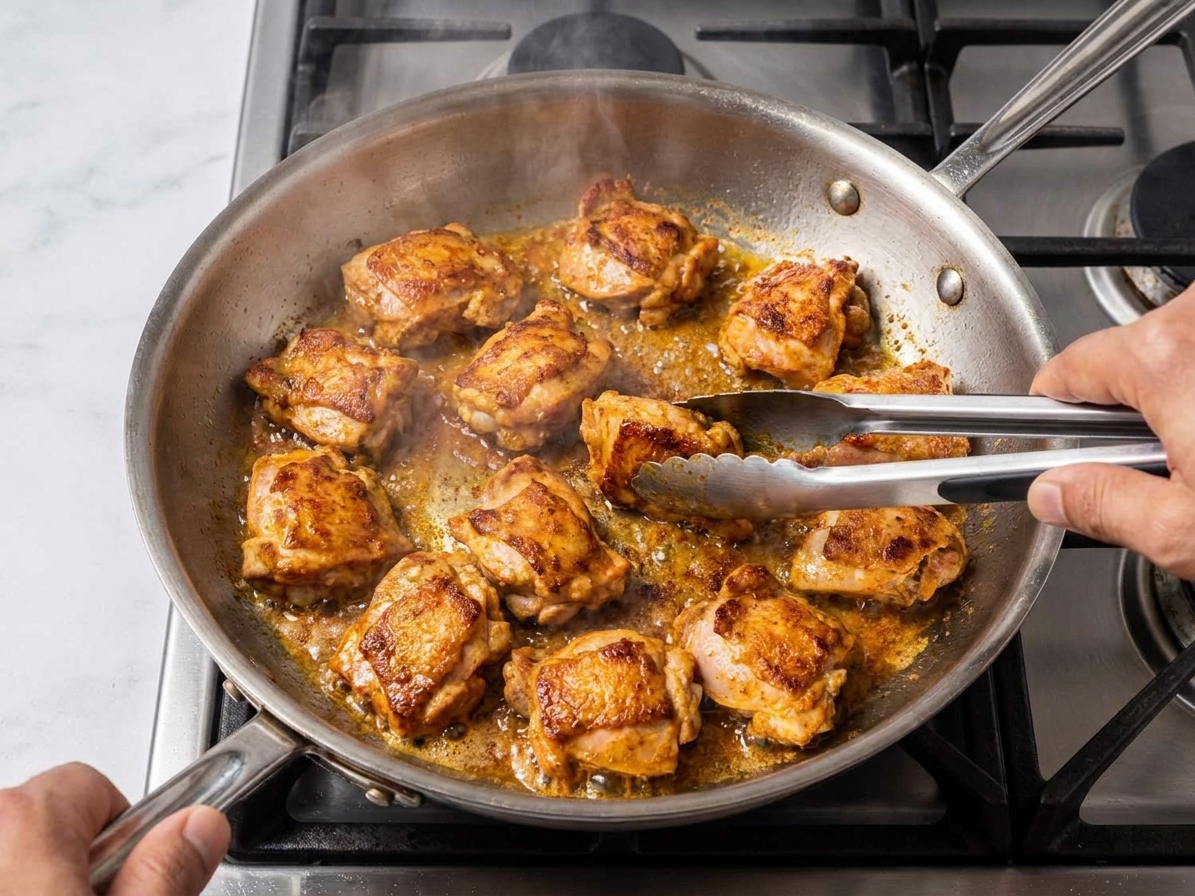 Chunks of chicken thighs browning in a hot skillet with visible golden edges and sizzling oil