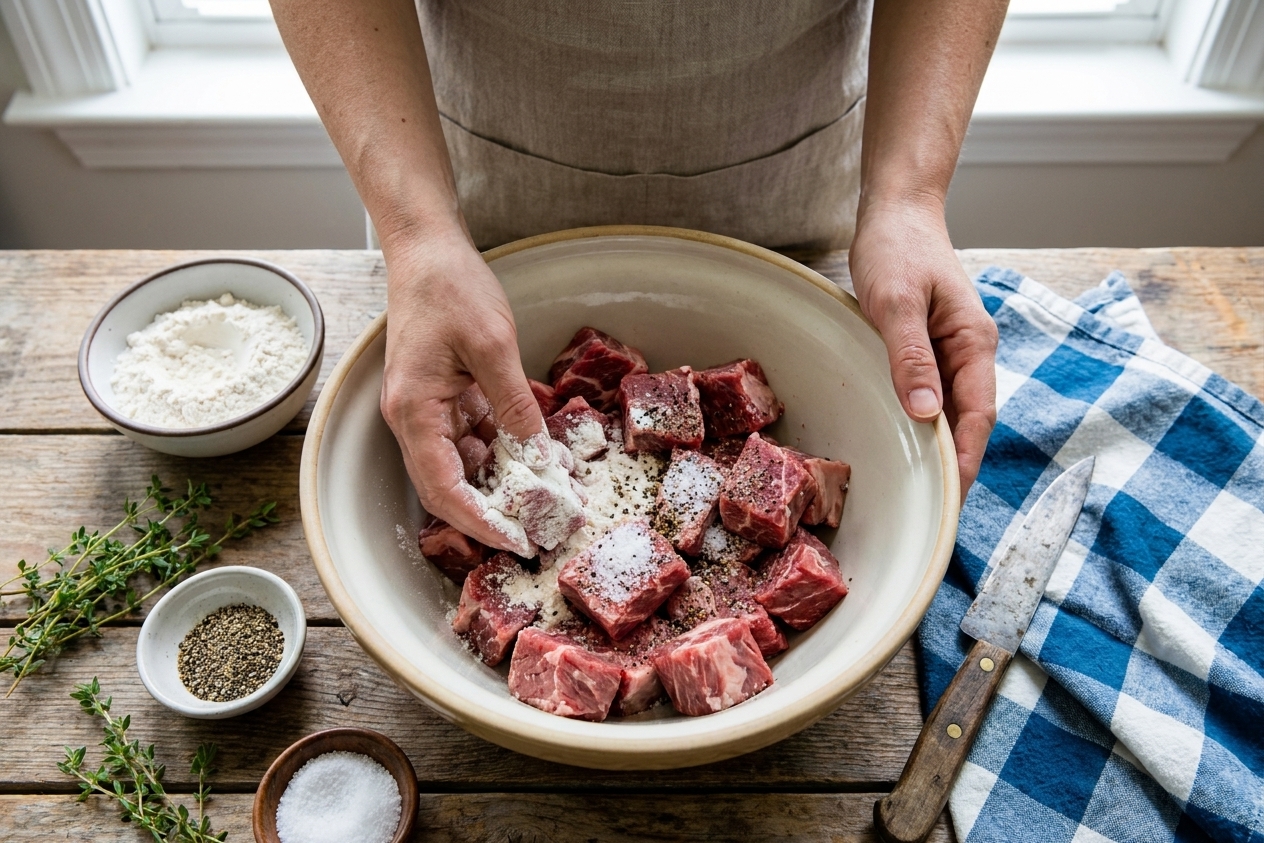 Chunks of chuck roast in a mixing bowl being tossed with flour, salt, and black pepper on a kitchen counter