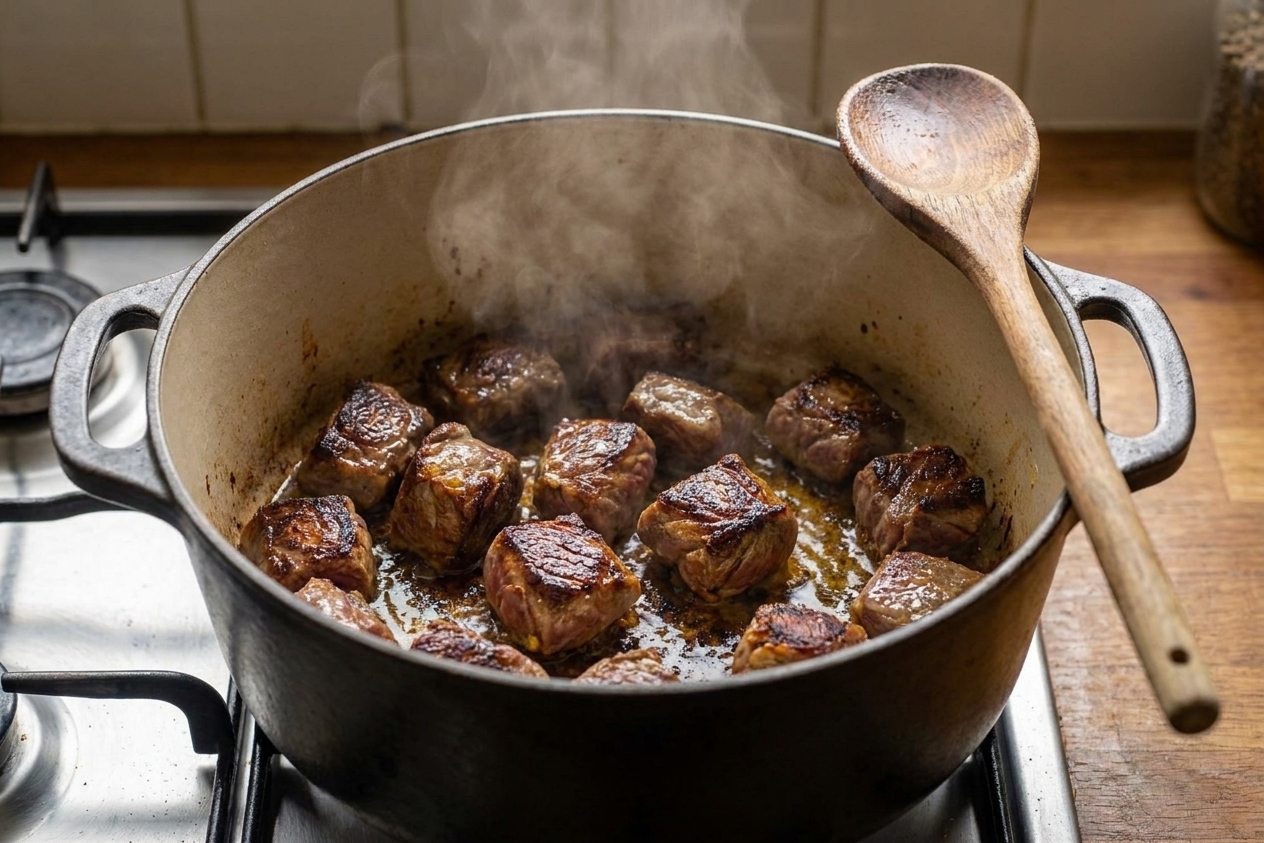 Chunks of goat meat browning in a heavy Dutch oven on a stovetop with visible caramelized edges and a wooden spoon nearby