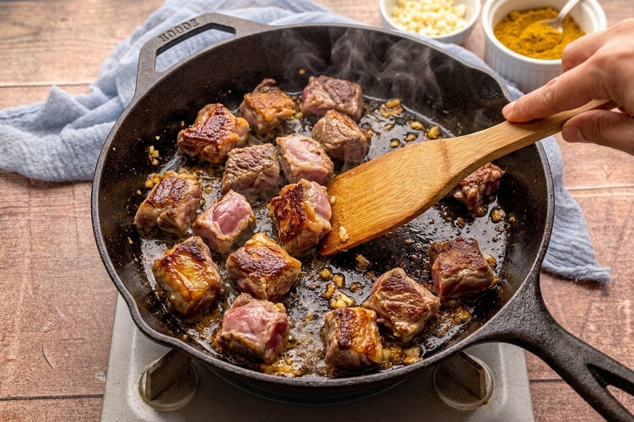 Chunks of goat meat browning in a hot cast iron skillet with deep golden edges