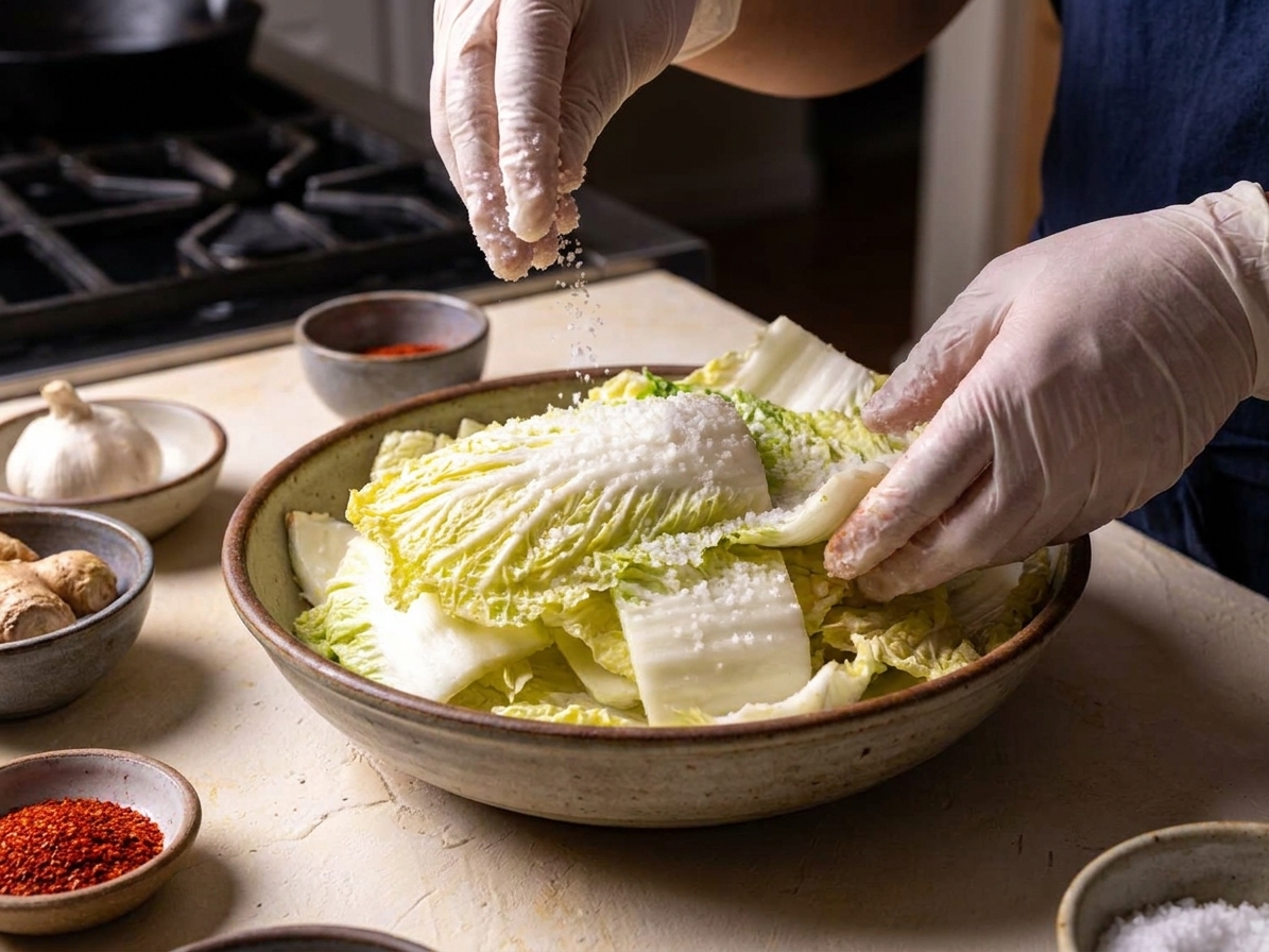 Chunks of napa cabbage in a large bowl being sprinkled with kosher salt, with gloved hands tossing to distribute the salt between leaves