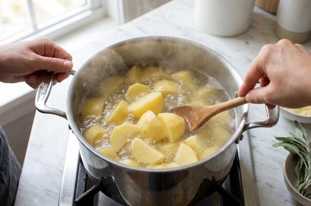 Chunks of peeled potatoes simmering in a large pot of salted water on a stovetop