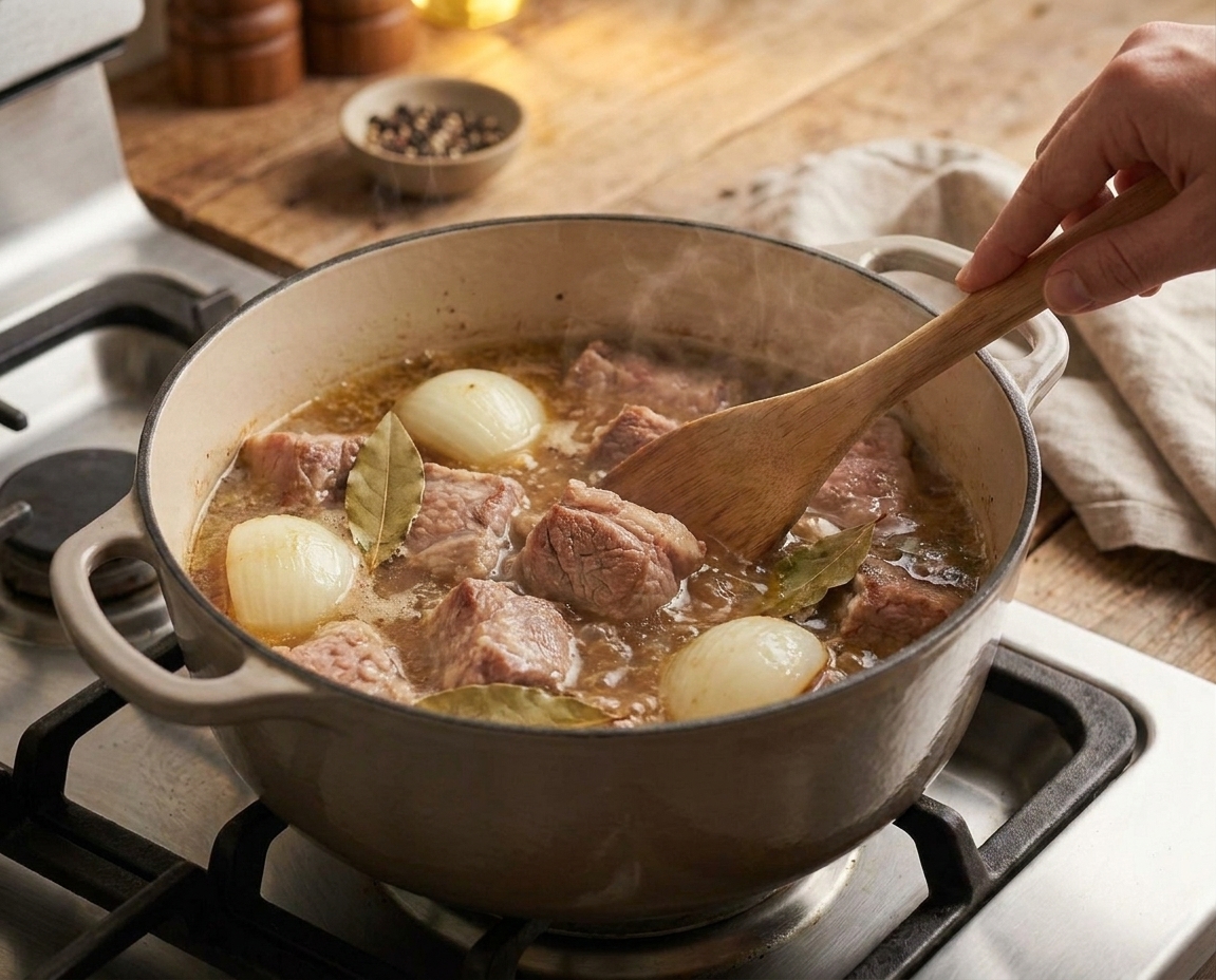 Chunks of pork cooking in a large Dutch oven with onion halves and bay leaves visible in the broth on a stovetop