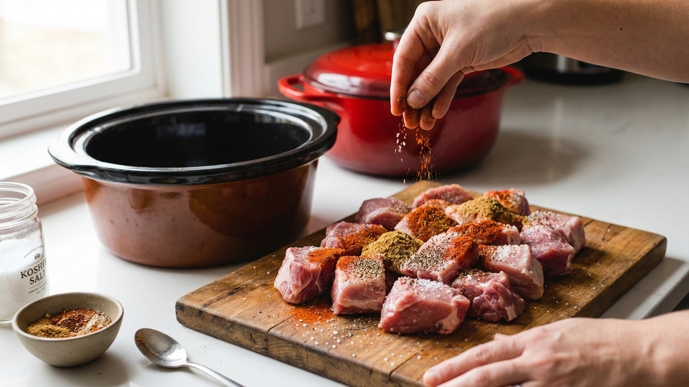 Chunks of pork shoulder being coated with spices and salt on a cutting board beside a slow cooker insert on a bright kitchen counter