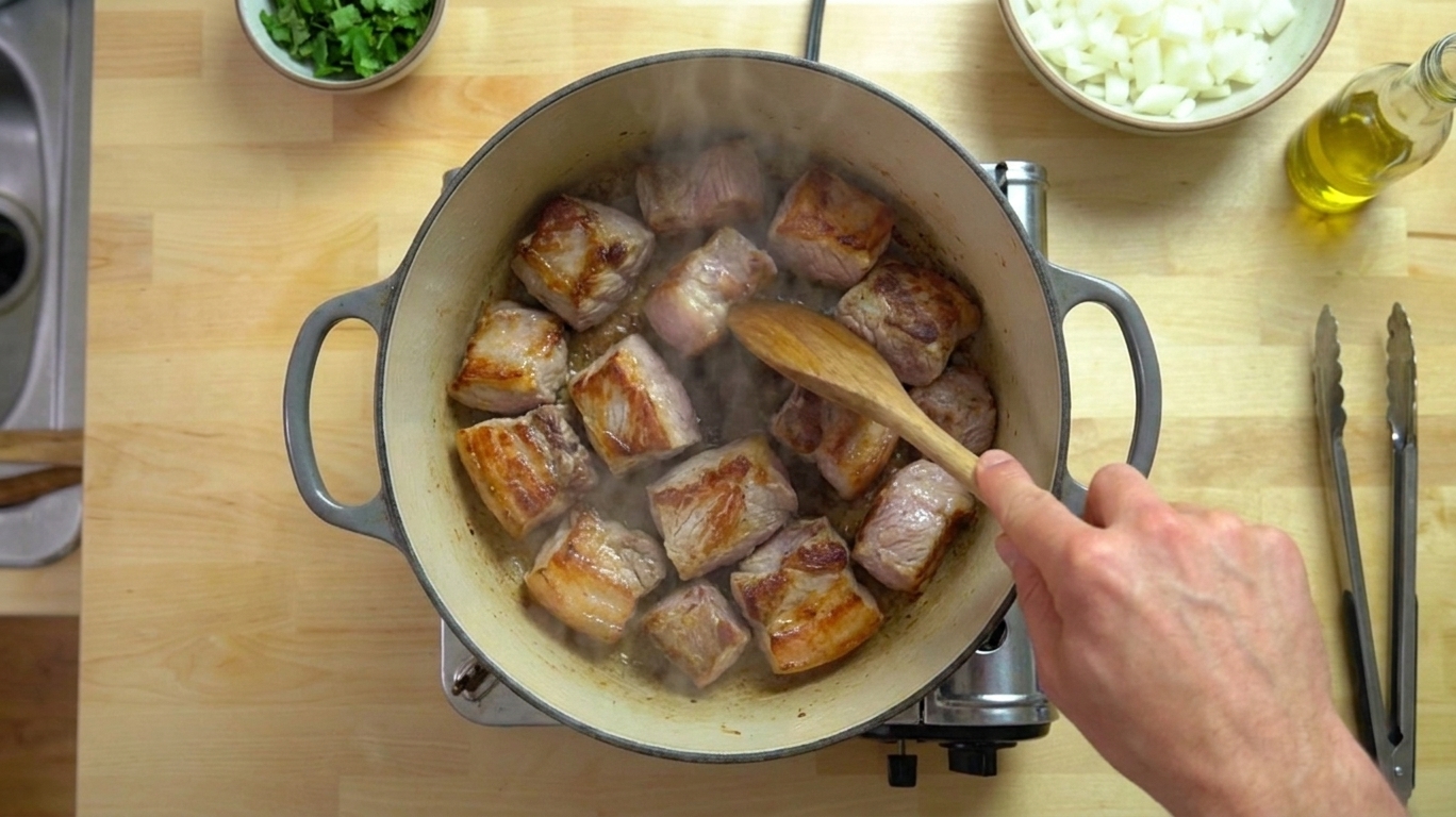 Chunks of pork shoulder browning in a Dutch oven on a stovetop with golden edges forming