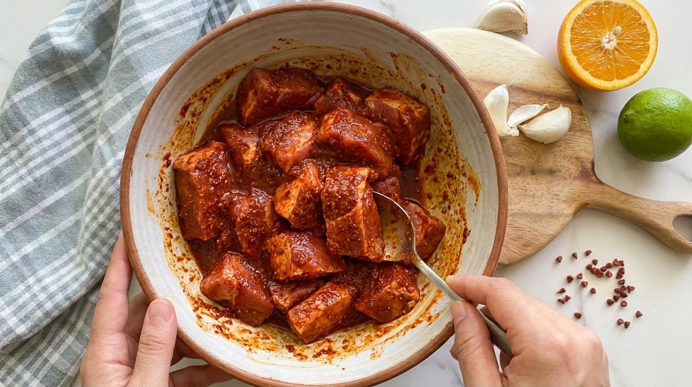 Chunks of pork shoulder coated in a deep red achiote citrus marinade inside a mixing bowl on a kitchen counter