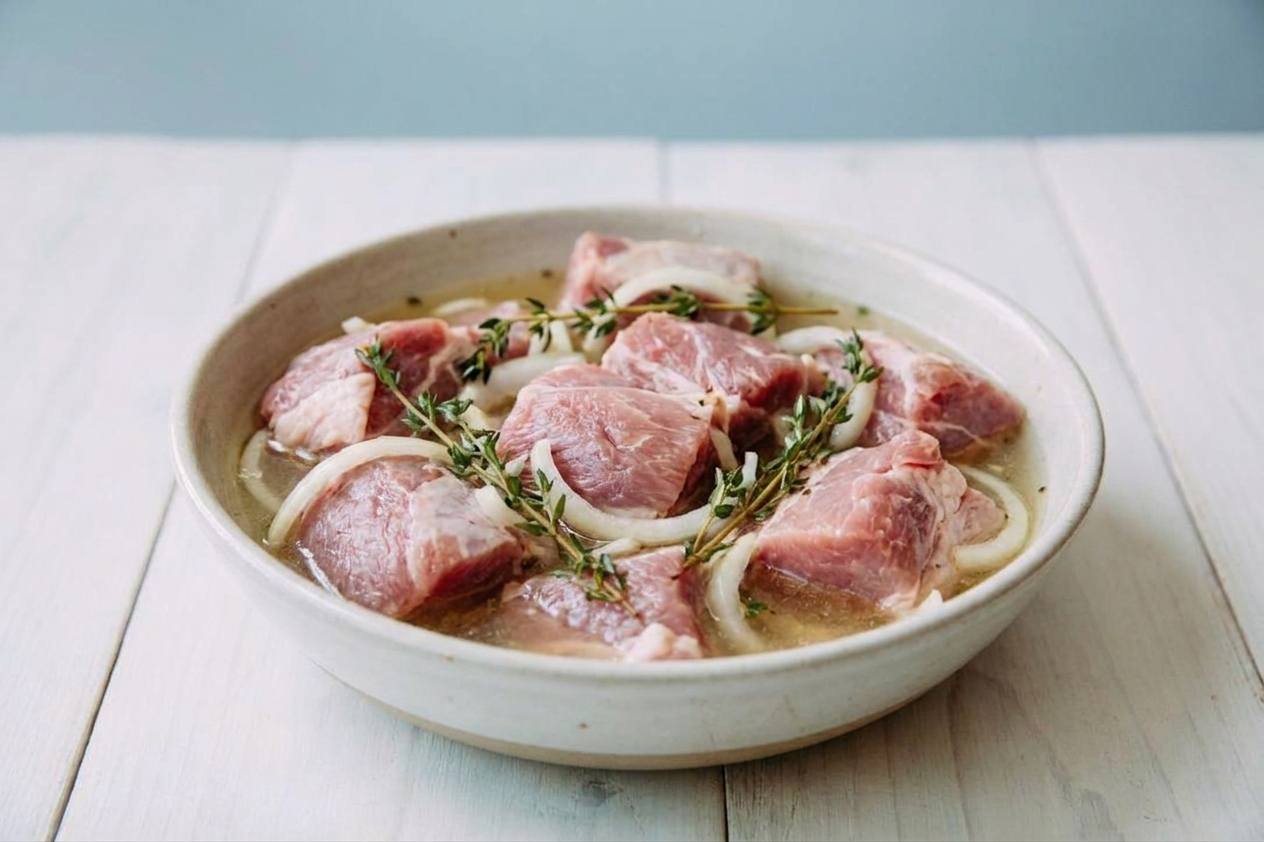 Chunks of pork shoulder sitting in a bowl of citrus-garlic marinade with thyme sprigs and sliced onions on a kitchen counter