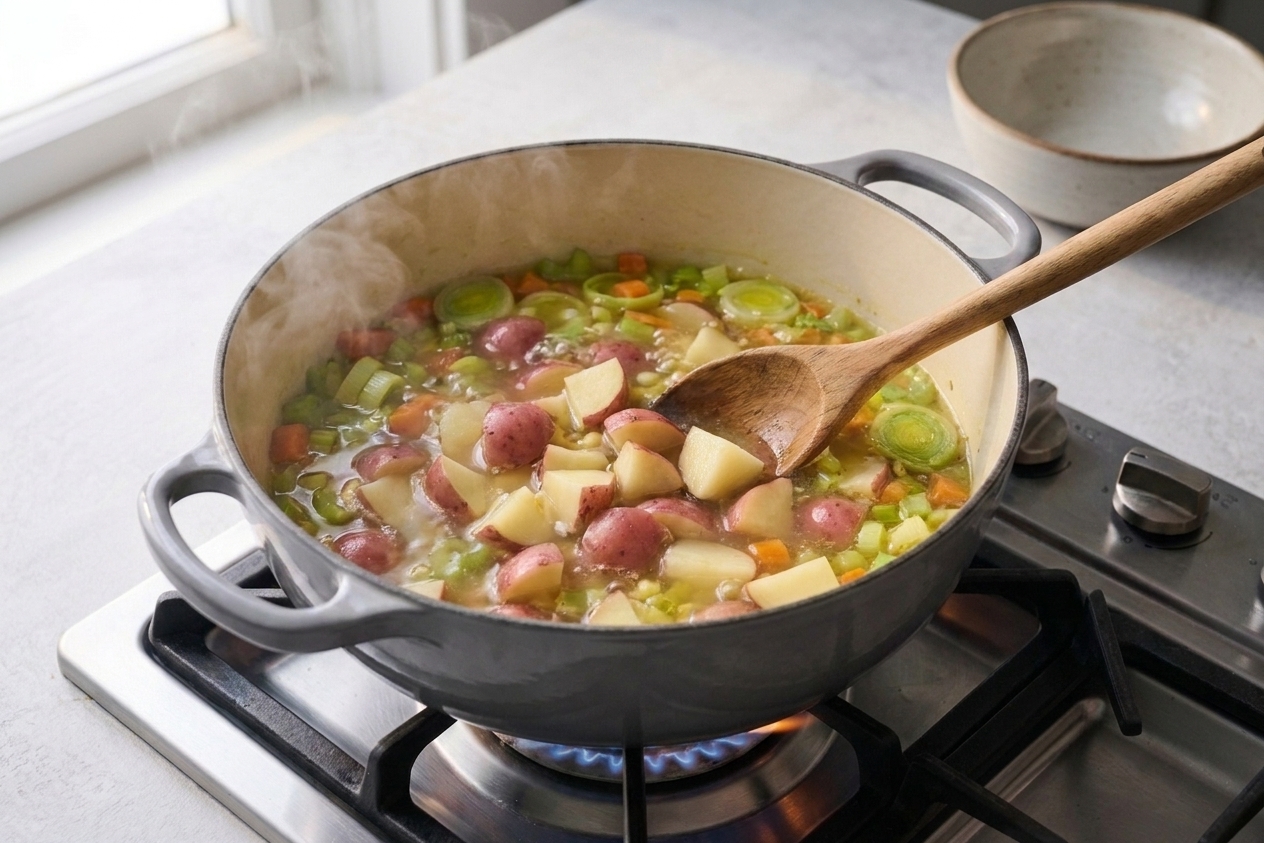 Chunks of potatoes simmering in broth in a Dutch oven with steam rising