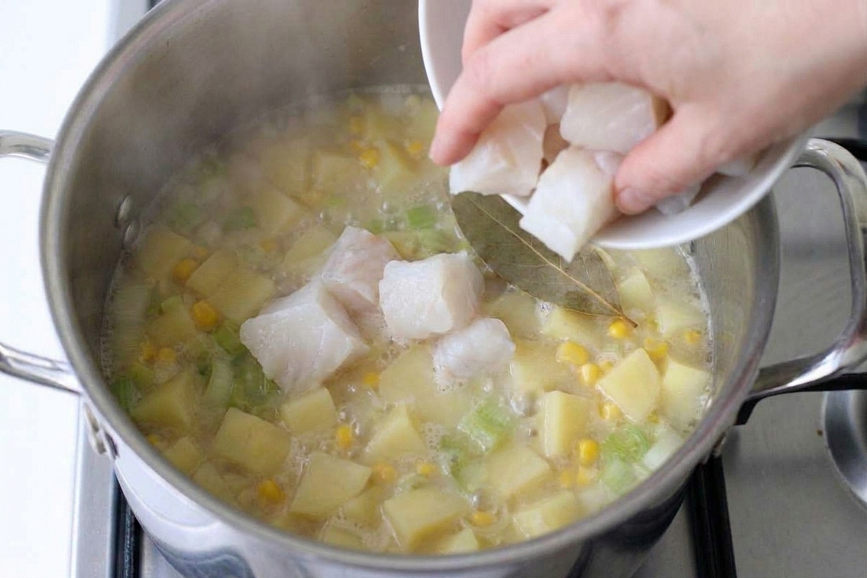 Chunks of raw cod being added to a simmering pot of chowder with potatoes and corn, steam rising