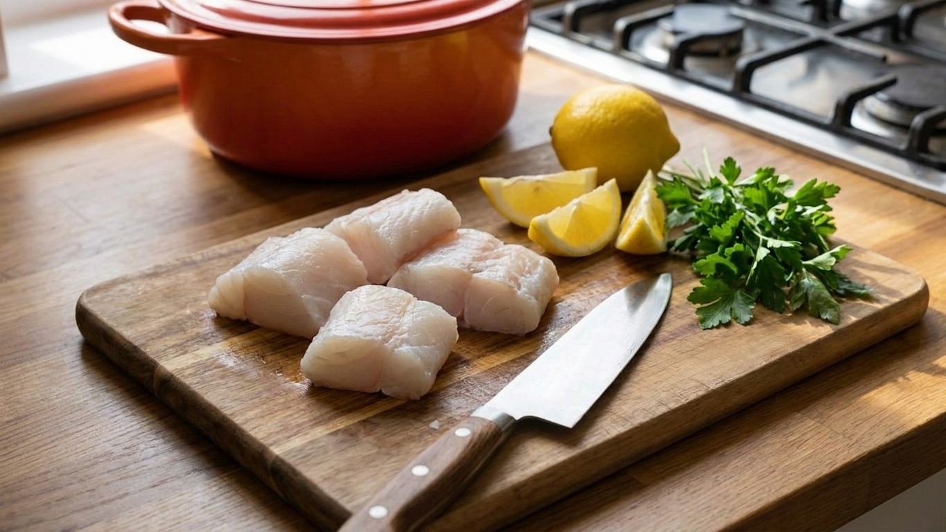 Chunks of raw cod on a cutting board beside a knife, with lemon and parsley nearby on a home kitchen counter