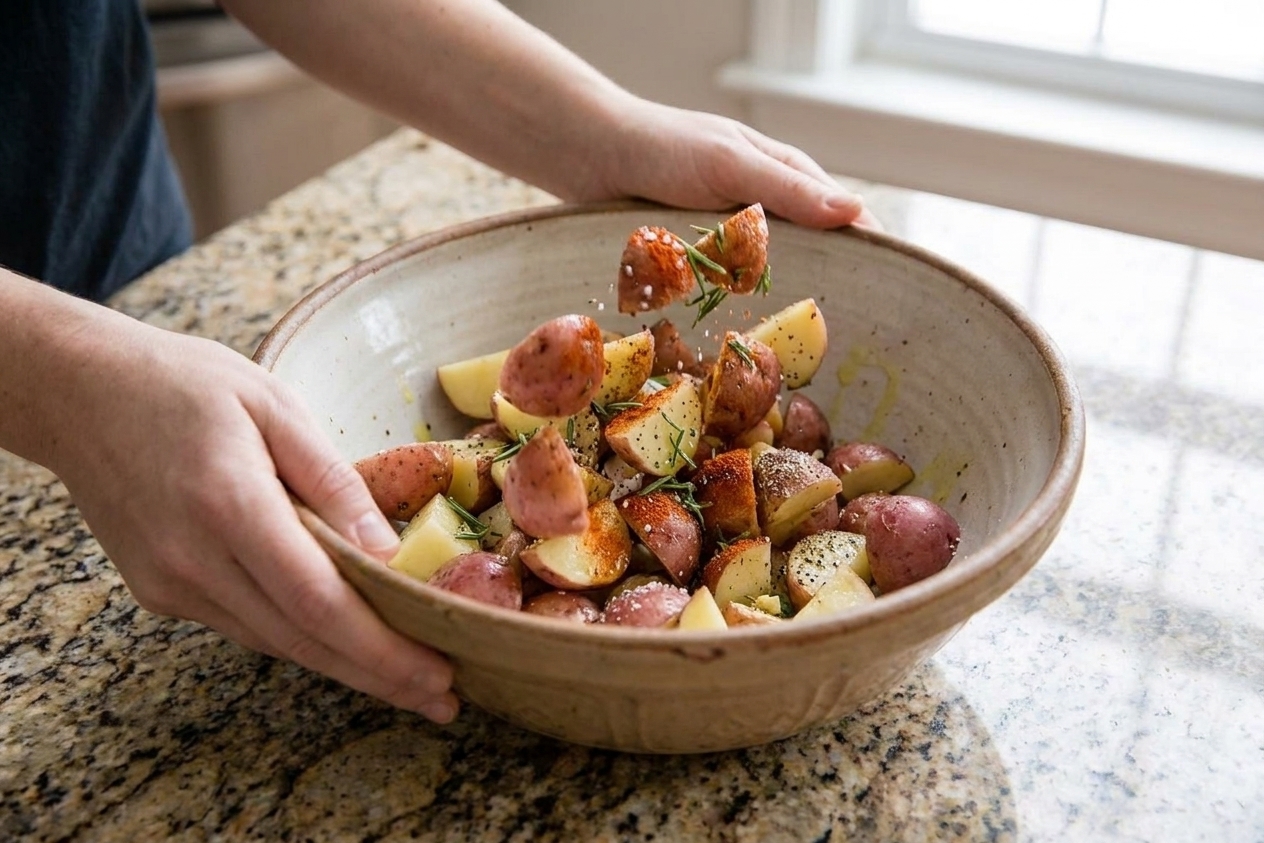 Chunks of red potatoes in a large mixing bowl being tossed with olive oil, salt, pepper, paprika, and rosemary on a kitchen counter