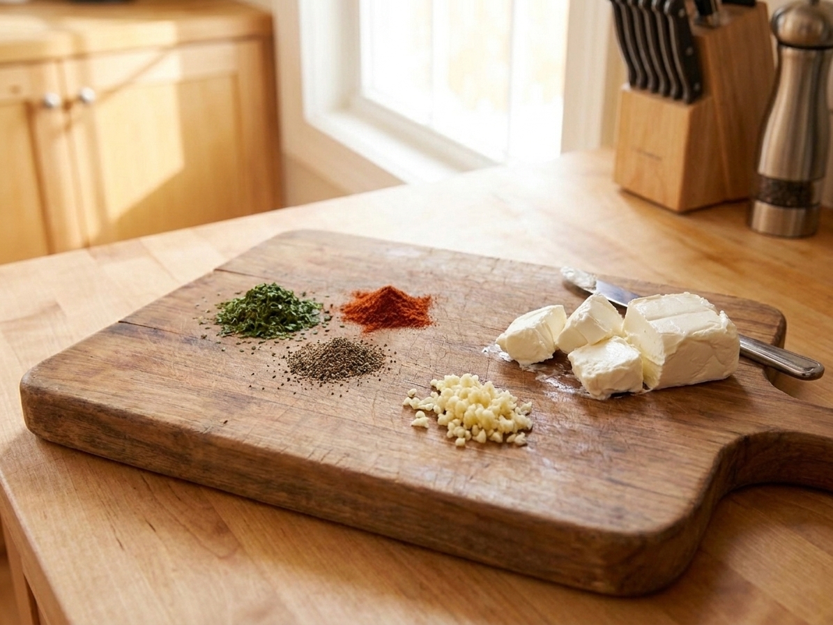 Chunks of softened cream cheese on a cutting board beside minced garlic and measured spices