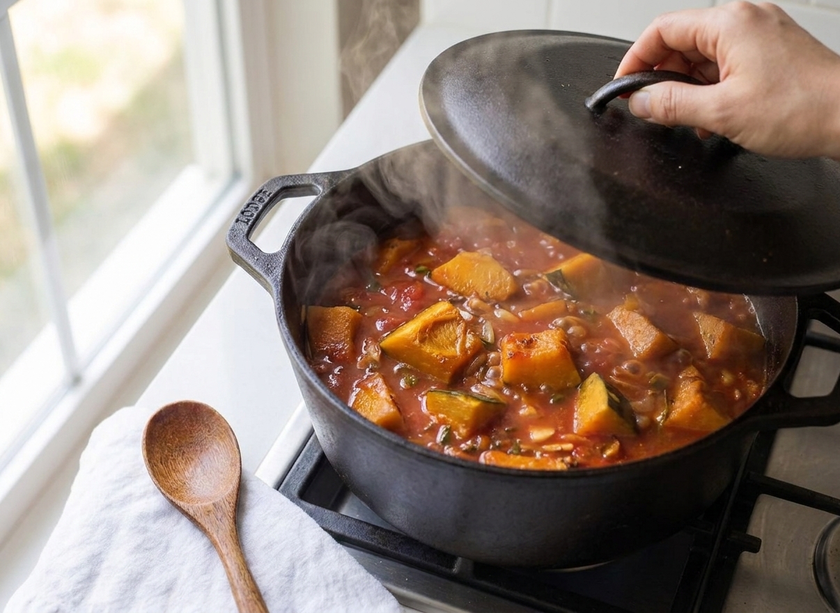 Chunks of squash simmering in a savory tomato broth in a covered pot as the lid is lifted and steam rises