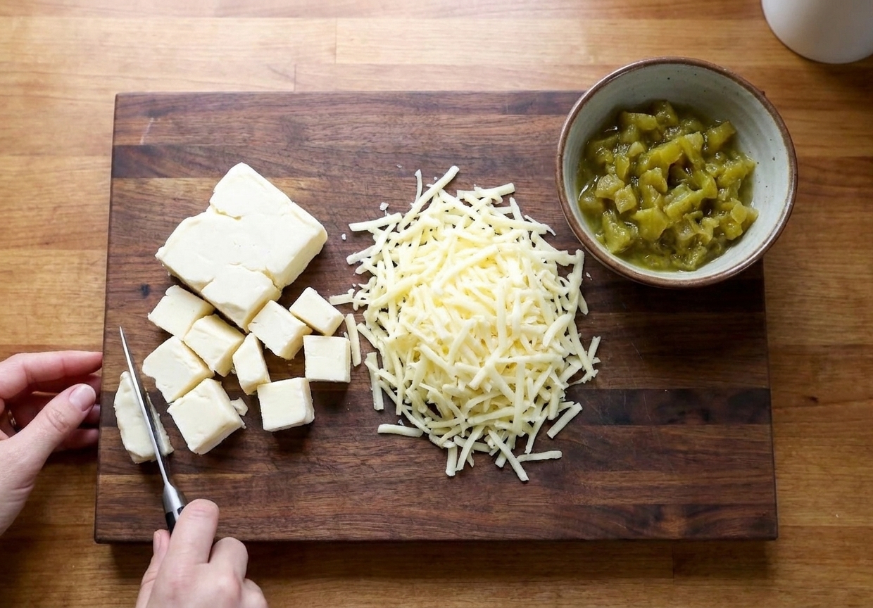 Chunks of white American cheese and a mound of freshly shredded Monterey Jack on a cutting board next to a small bowl of diced green chiles