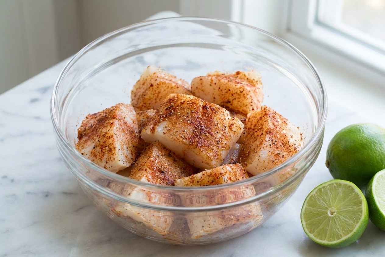 Chunks of white fish coated in a reddish spice rub in a bowl beside limes on a kitchen counter
