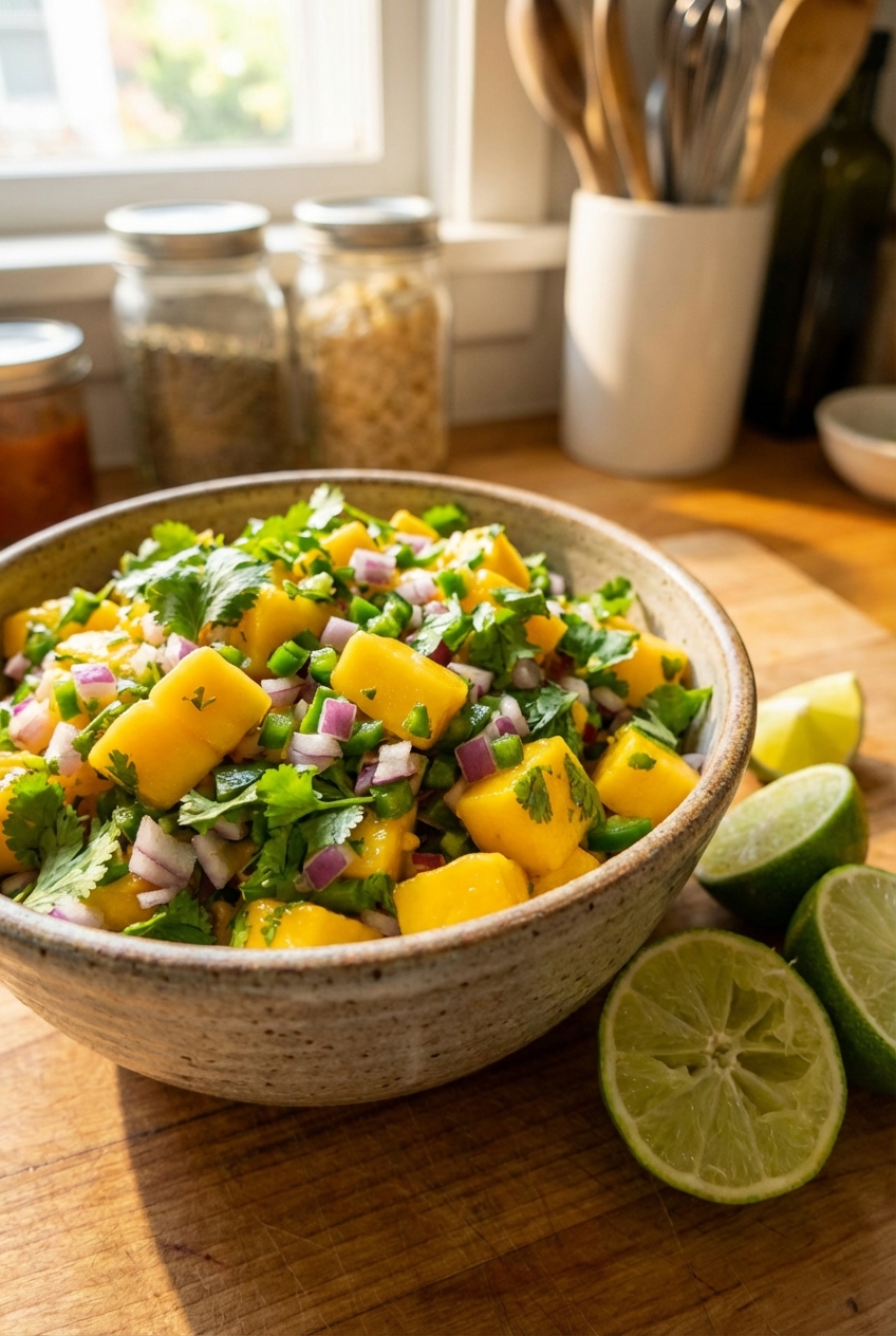 Chunky mango salsa in a stoneware bowl with mango, red onion, jalapeño, and cilantro, with lime wedges on the side