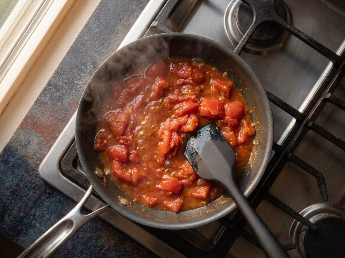 Chunky tomatoes simmering into a glossy sauce in a skillet with visible steam rising, home kitchen lighting