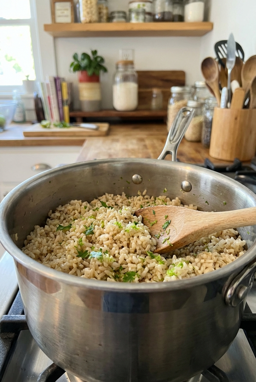 Cilantro lime brown rice in a saucepan with a wooden spoon