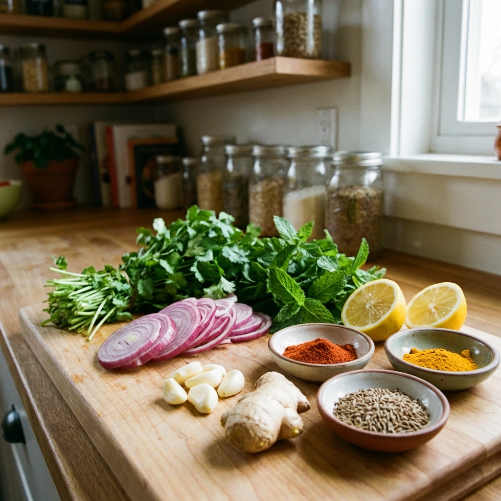 Cilantro, mint, sliced onion, garlic, ginger, and a halved lemon with small bowls of spices on a cutting board