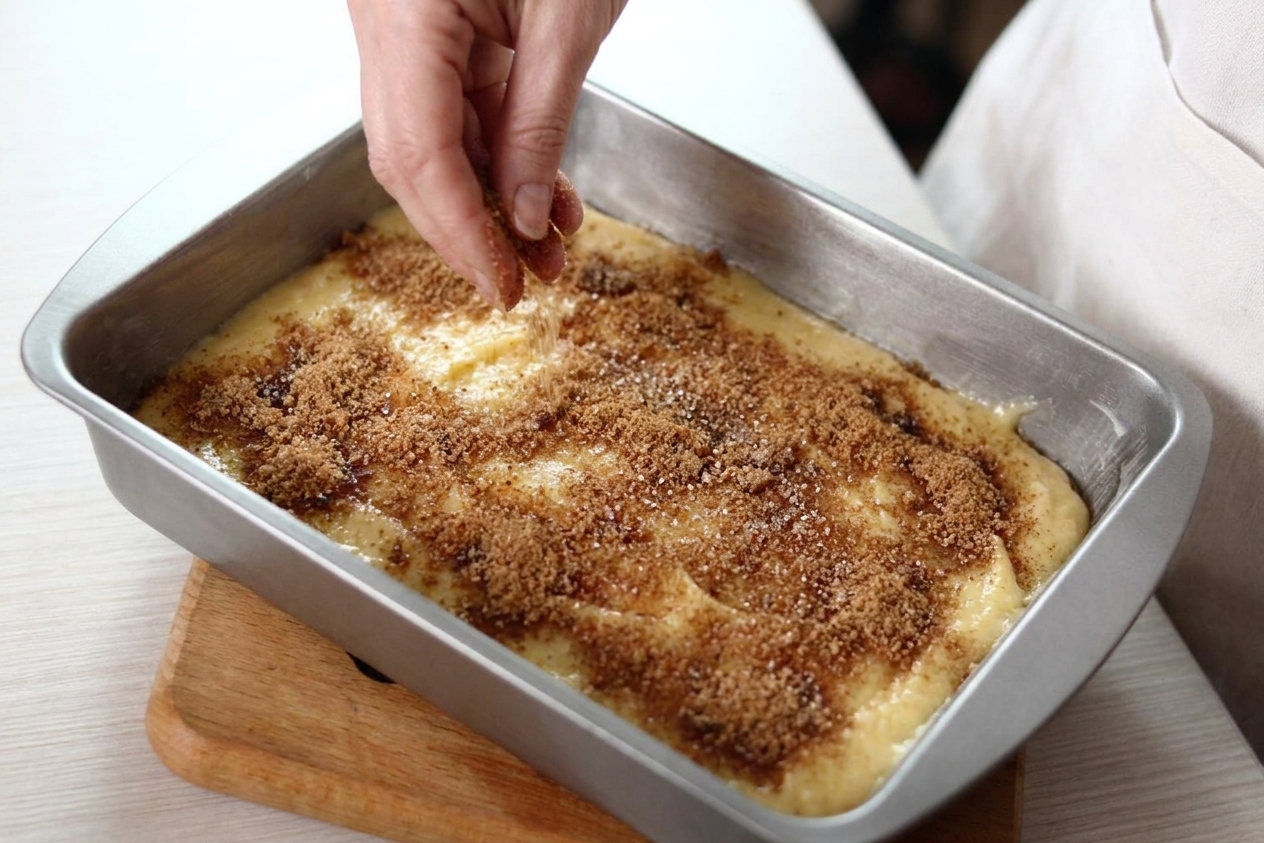 Cinnamon and brown sugar mixture sprinkled evenly over a layer of cake batter in a 9x13-inch baking pan