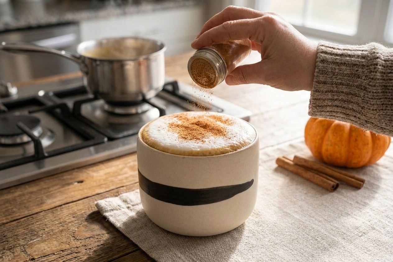 Cinnamon being sprinkled over foamy pumpkin spice latte in a mug on a kitchen counter
