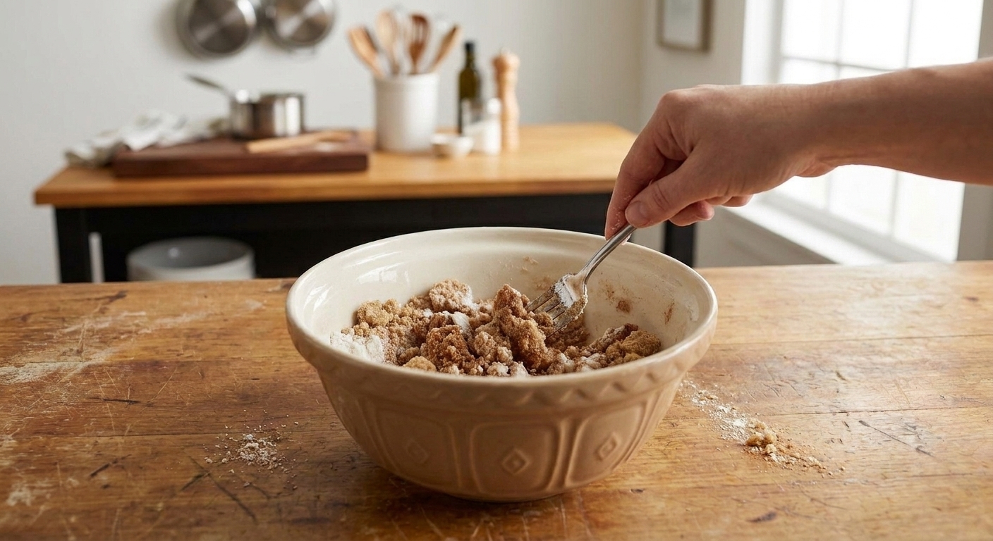 Cinnamon brown sugar streusel being stirred with a fork in a mixing bowl on a kitchen counter